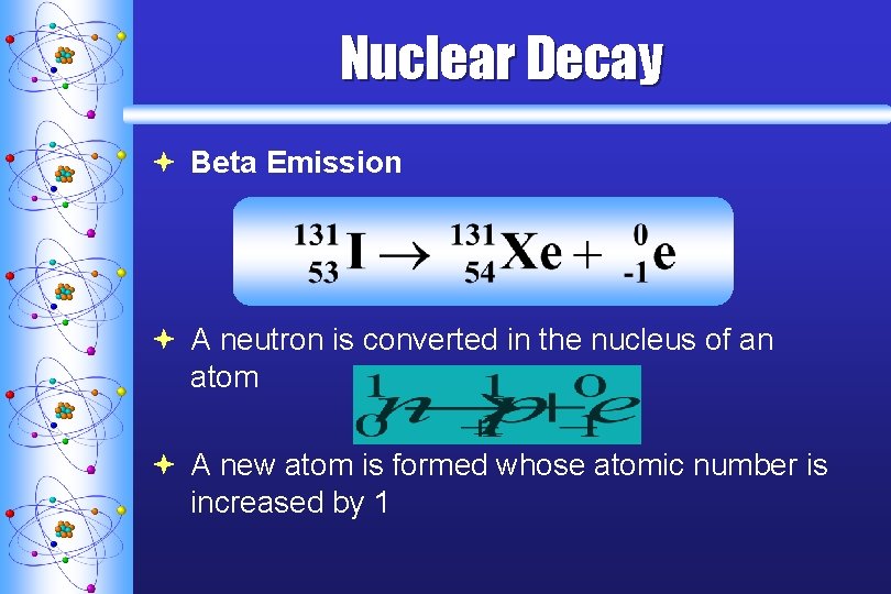 Nuclear Decay ª Beta Emission ª A neutron is converted in the nucleus of