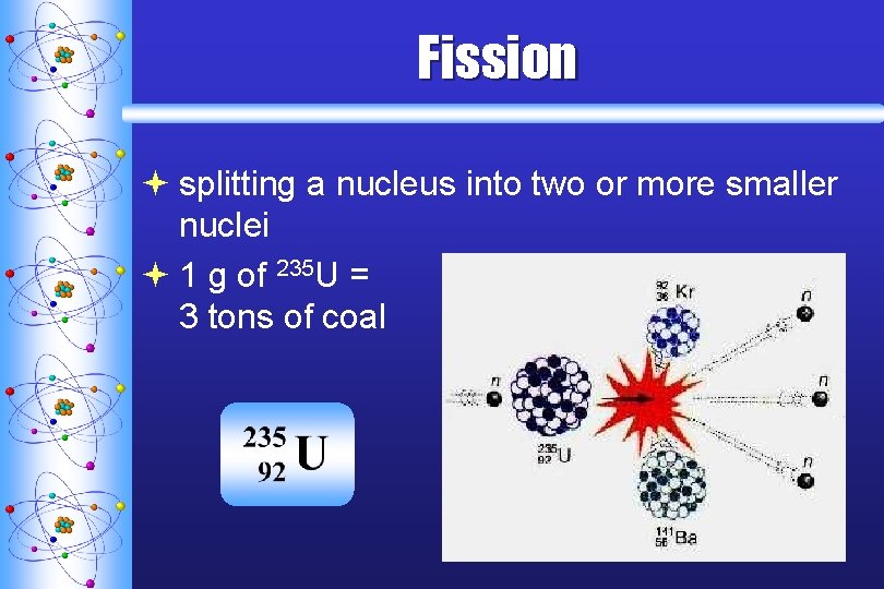 Fission ª splitting a nucleus into two or more smaller nuclei ª 1 g