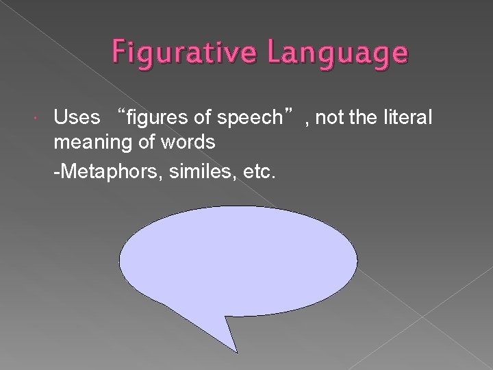 Figurative Language Uses “figures of speech”, not the literal meaning of words -Metaphors, similes,