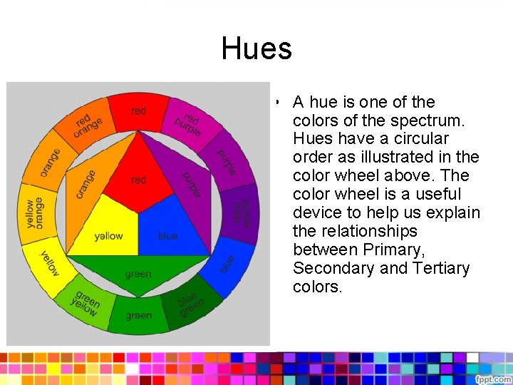 Hues • A hue is one of the colors of the spectrum. Hues have