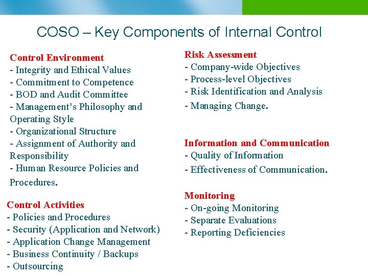COSO – Key Components of Internal Control Environment - Integrity and Ethical Values -