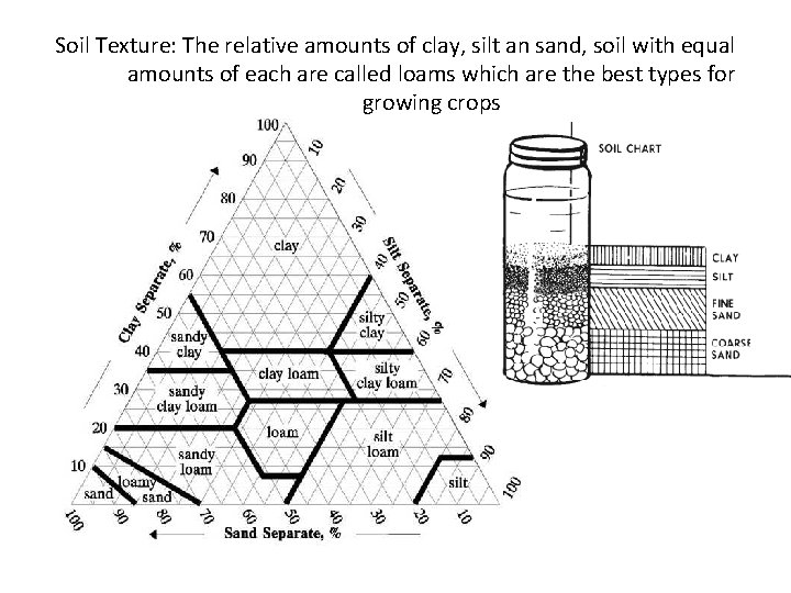 Soil Texture: The relative amounts of clay, silt an sand, soil with equal amounts