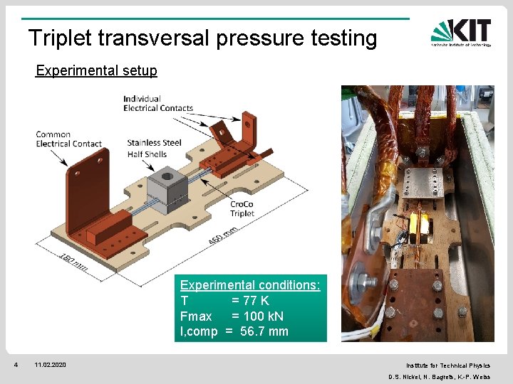 Triplet transversal pressure testing Experimental setup Experimental conditions: T = 77 K Fmax =