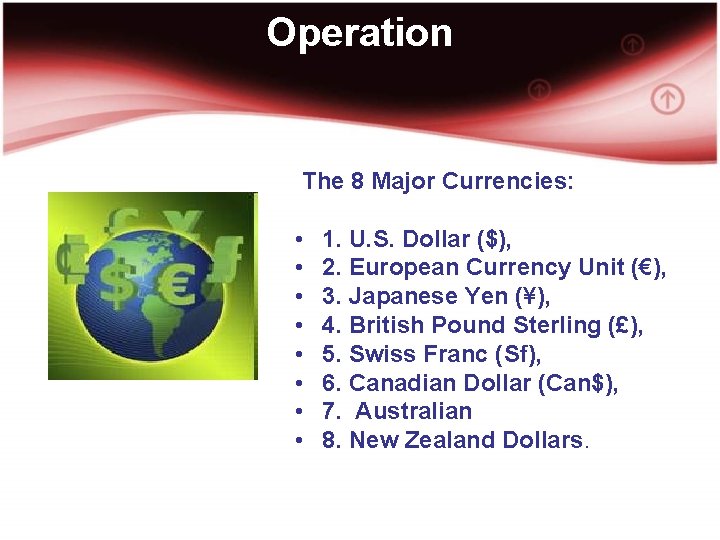 Operation The 8 Major Currencies: • • 1. U. S. Dollar ($), 2. European