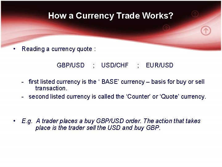 How a Currency Trade Works? • Reading a currency quote : GBP/USD ; USD/CHF