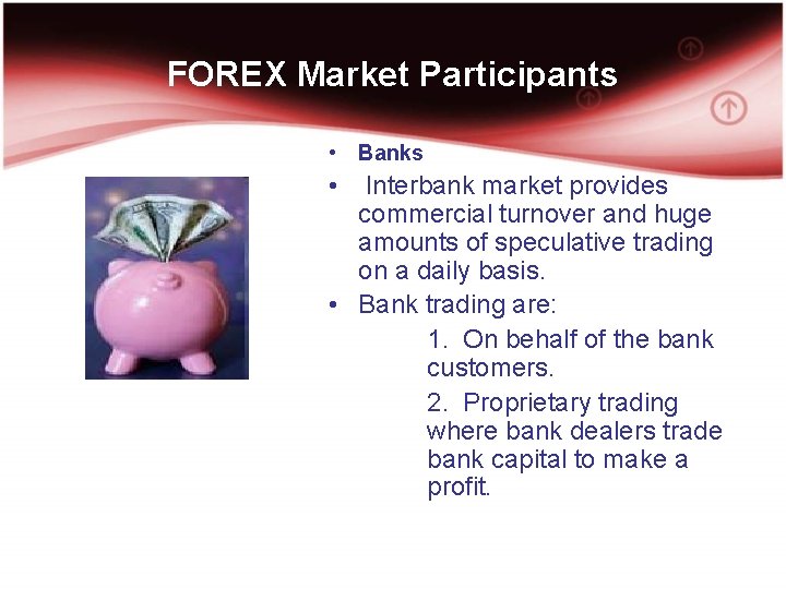 FOREX Market Participants • Banks • Interbank market provides commercial turnover and huge amounts