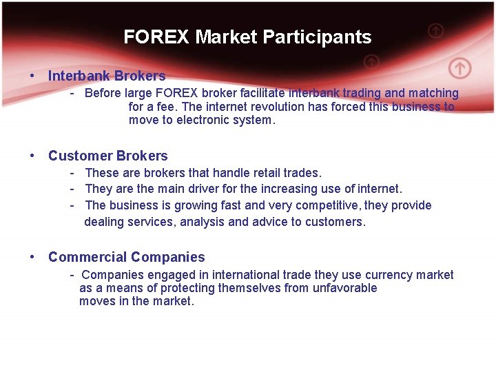 FOREX Market Participants • Interbank Brokers - Before large FOREX broker facilitate interbank trading