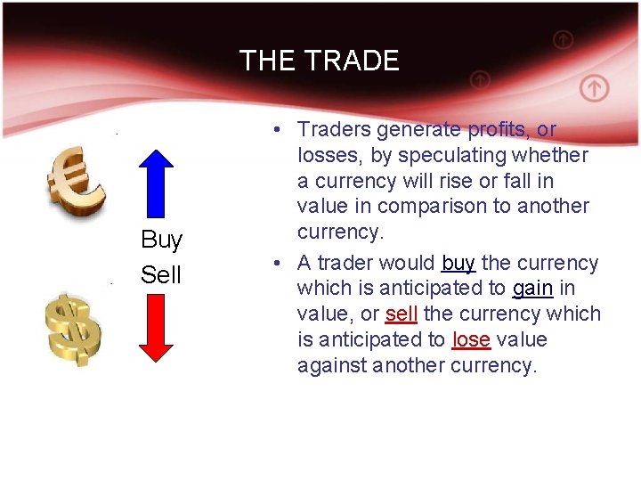 THE TRADE Buy Sell • Traders generate profits, or losses, by speculating whether a