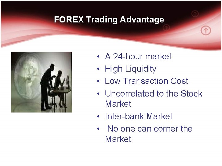 FOREX Trading Advantage • • A 24 -hour market High Liquidity Low Transaction Cost