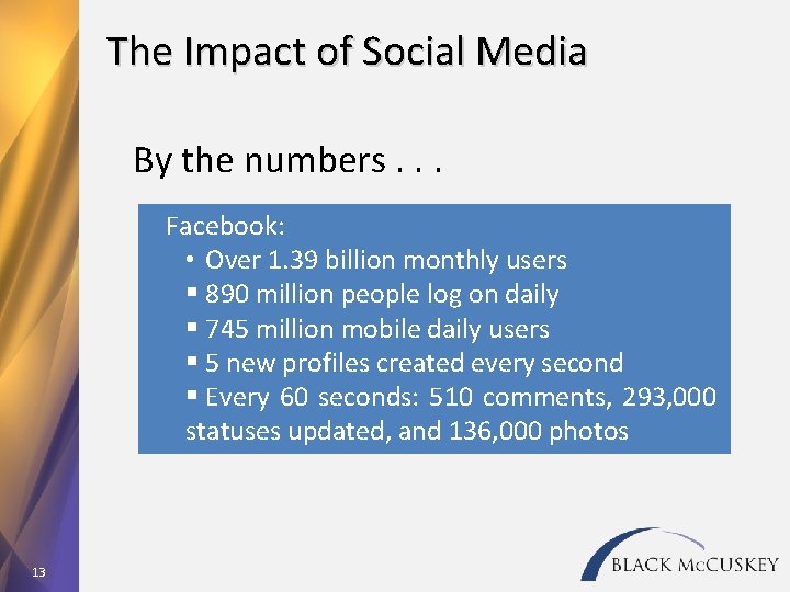 The Impact of Social Media By the numbers. . . § Facebook: • Over