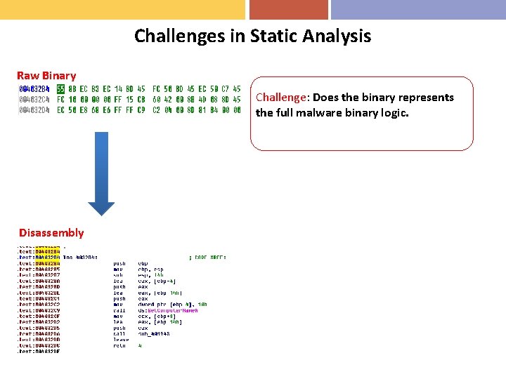 Challenges in Static Analysis Raw Binary Challenge: Does the binary represents the full malware