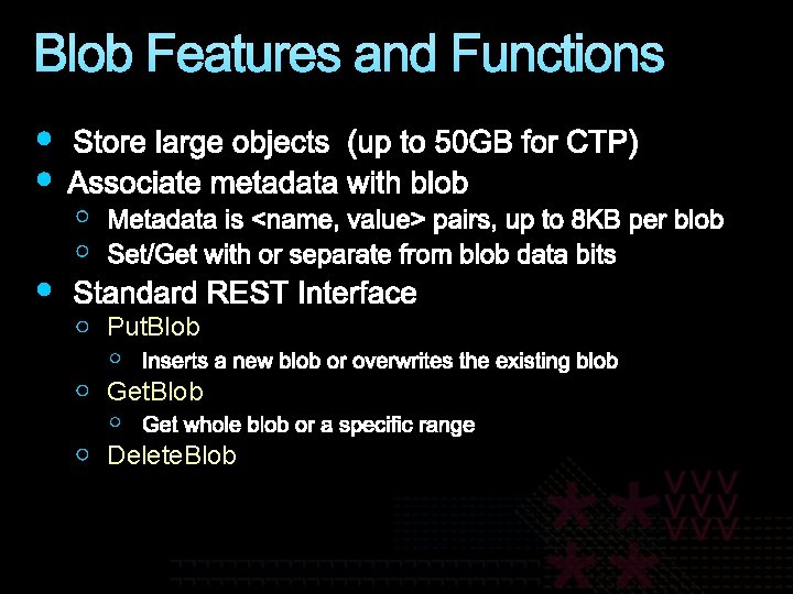 Blob Features and Functions Put. Blob Get. Blob Delete. Blob 