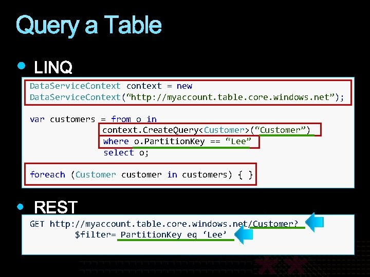 Query a Table Data. Service. Context context = new Data. Service. Context(“http: //myaccount. table.