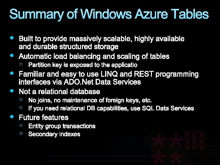 Summary of Windows Azure Tables 