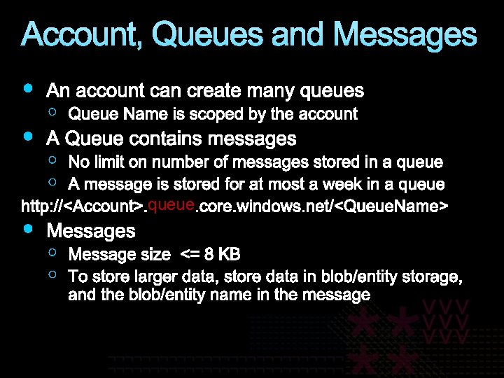 Account, Queues and Messages queue 