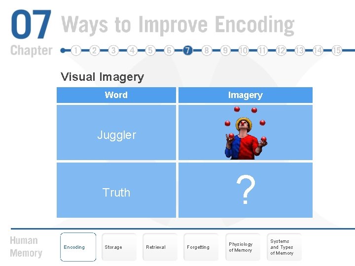 Visual Imagery Word Juggler ? Truth Encoding Storage Retrieval Forgetting Physiology of Memory Systems