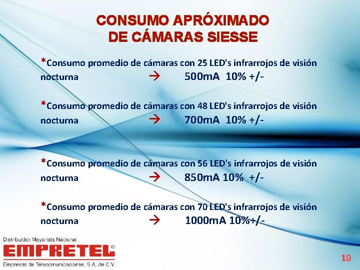 CONSUMO APRÓXIMADO DE CÁMARAS SIESSE *Consumo promedio de cámaras con 25 LED's infrarrojos de