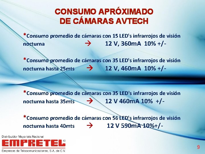 CONSUMO APRÓXIMADO DE CÁMARAS AVTECH *Consumo promedio de cámaras con 15 LED's infrarrojos de