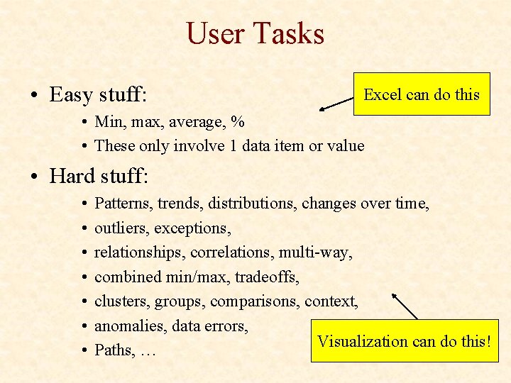 User Tasks • Easy stuff: Excel can do this • Min, max, average, %