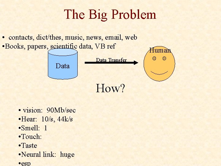 The Big Problem • contacts, dict/thes, music, news, email, web • Books, papers, scientific