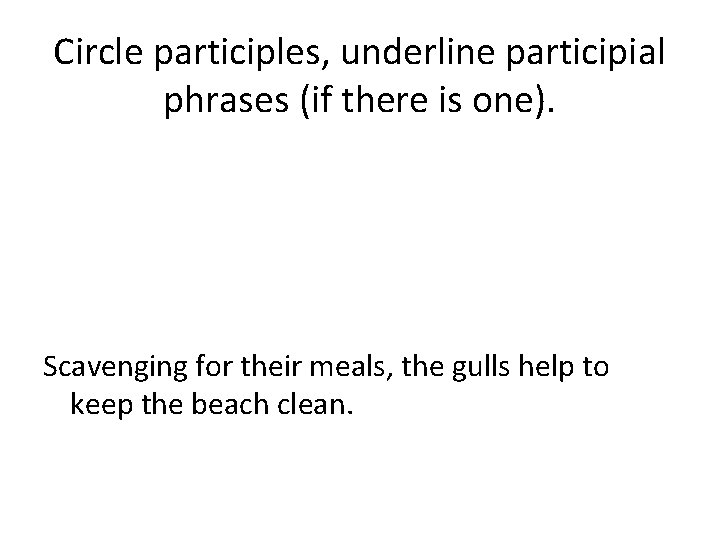 Circle participles, underline participial phrases (if there is one). Scavenging for their meals, the