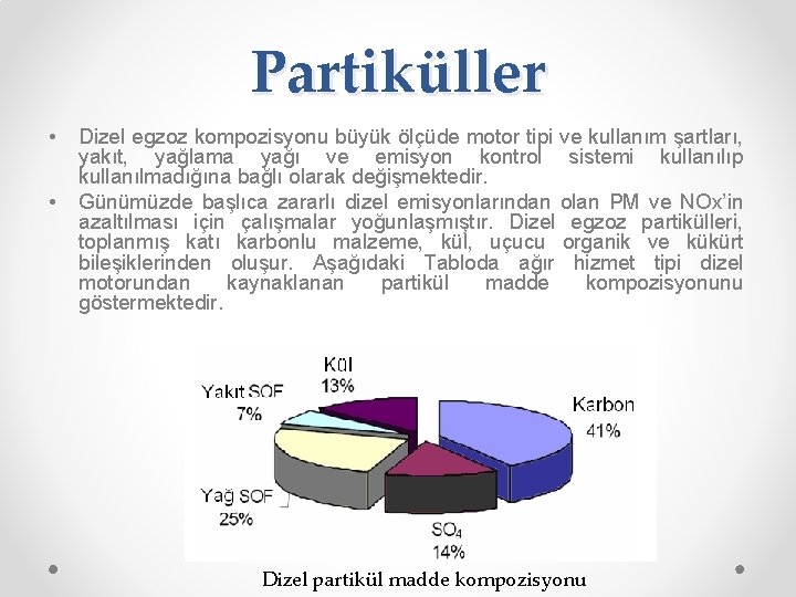 Partiküller • • Dizel egzoz kompozisyonu büyük ölçüde motor tipi ve kullanım şartları, yakıt,