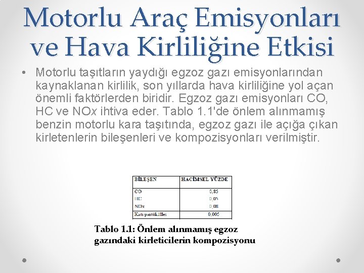 Motorlu Araç Emisyonları ve Hava Kirliliğine Etkisi • Motorlu taşıtların yaydığı egzoz gazı emisyonlarından