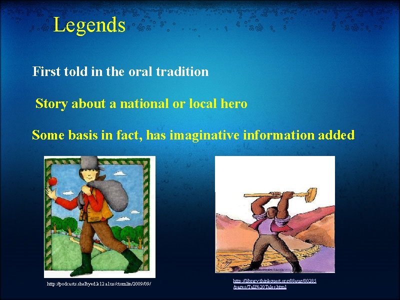 Legends First told in the oral tradition Story about a national or local hero