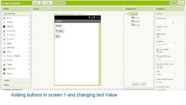 Adding buttons in screen 1 and changing text Value 