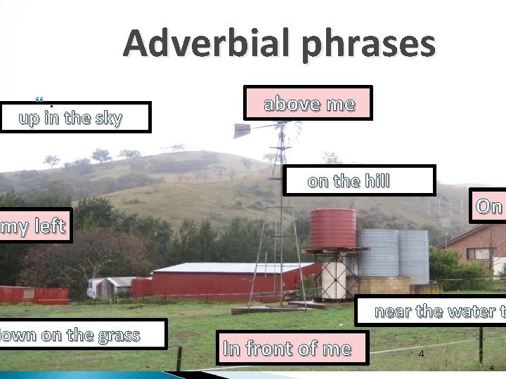 Adverbial phrases. up in the sky above me on the hill On my left