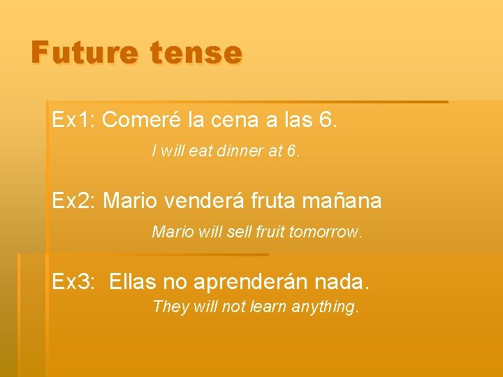 Future tense Ex 1: Comeré la cena a las 6. I will eat dinner