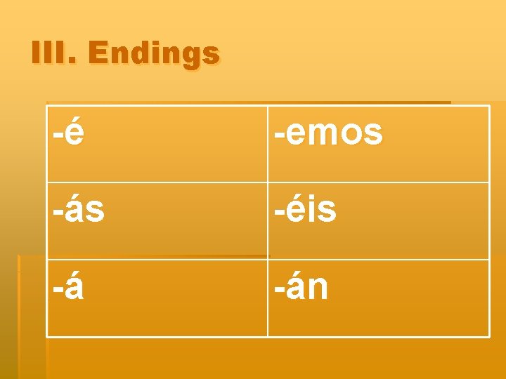 III. Endings -é -emos -ás -éis -á -án 