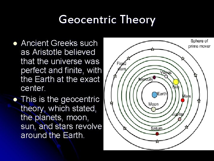 Geocentric Theory l l Ancient Greeks such as Aristotle believed that the universe was