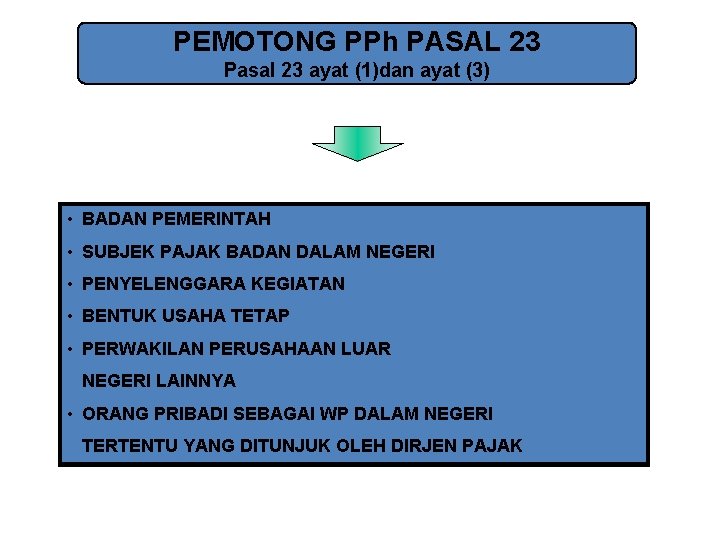 PEMOTONG PPh PASAL 23 Pasal 23 ayat (1)dan ayat (3) • BADAN PEMERINTAH •