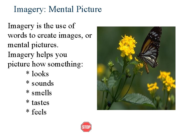 Imagery: Mental Picture Imagery is the use of words to create images, or mental