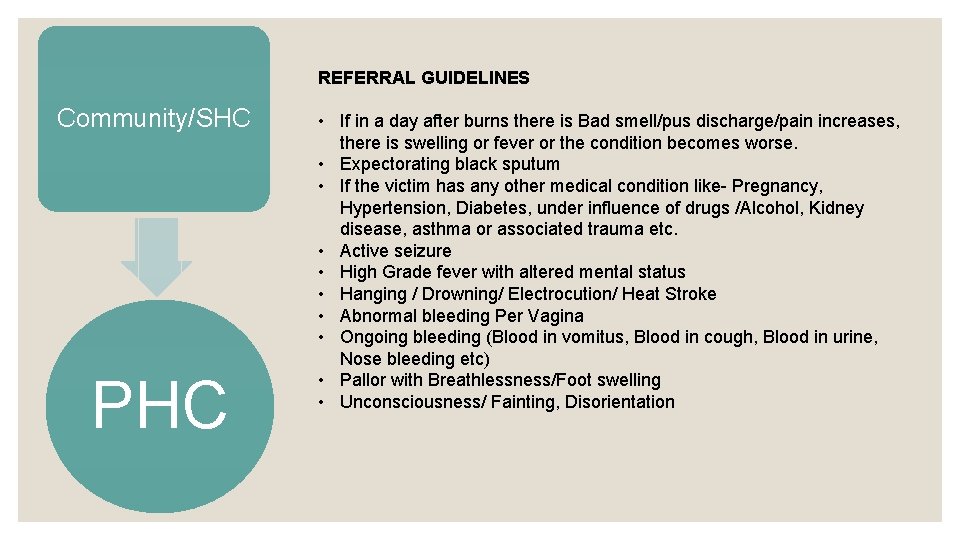 REFERRAL GUIDELINES Community/SHC PHC • If in a day after burns there is Bad REFERRAL GUIDELINES Community/SHC PHC • If in a day after burns there is Bad
