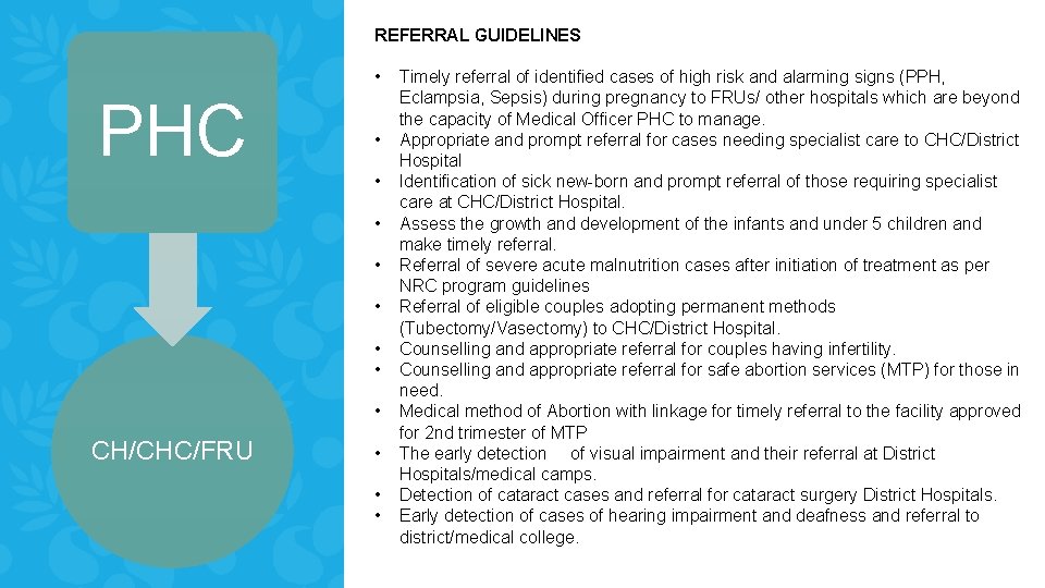 REFERRAL GUIDELINES • PHC • • CH/CHC/FRU • • • Timely referral of identified REFERRAL GUIDELINES • PHC • • CH/CHC/FRU • • • Timely referral of identified