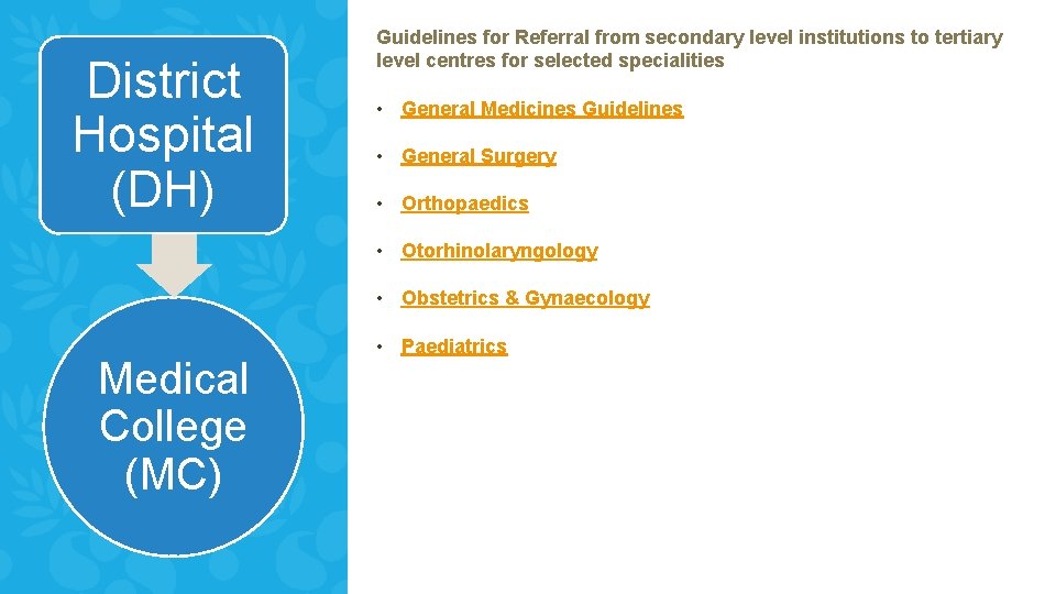 District Hospital (DH) Guidelines for Referral from secondary level institutions to tertiary level centres District Hospital (DH) Guidelines for Referral from secondary level institutions to tertiary level centres