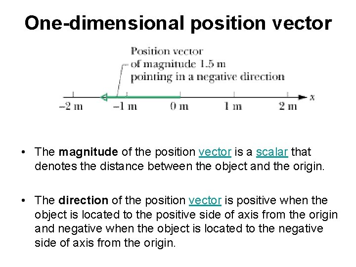 One-dimensional position vector • The magnitude of the position vector is a scalar that