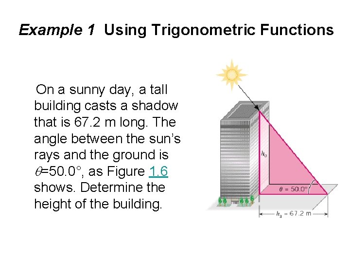 Example 1 Using Trigonometric Functions On a sunny day, a tall building casts a