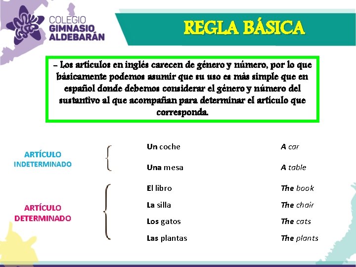 REGLA BÁSICA - Los artículos en inglés carecen de género y número, por lo