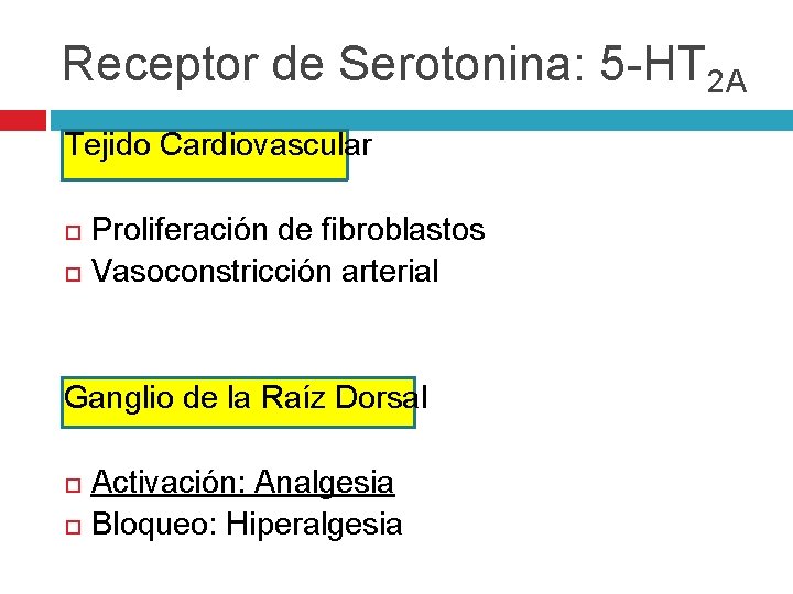 Receptor de Serotonina: 5 -HT 2 A Tejido Cardiovascular Proliferación de fibroblastos Vasoconstricción arterial Receptor de Serotonina: 5 -HT 2 A Tejido Cardiovascular Proliferación de fibroblastos Vasoconstricción arterial