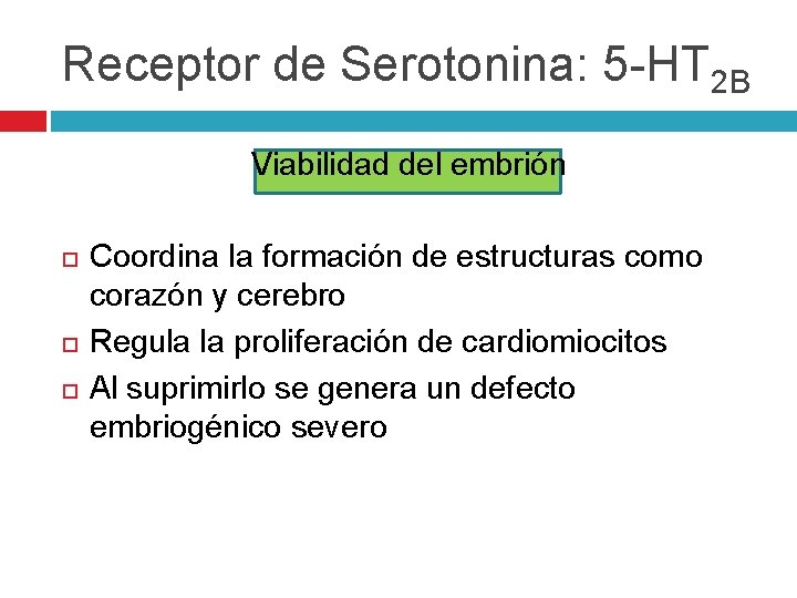Receptor de Serotonina: 5 -HT 2 B Viabilidad del embrión Coordina la formación de Receptor de Serotonina: 5 -HT 2 B Viabilidad del embrión Coordina la formación de