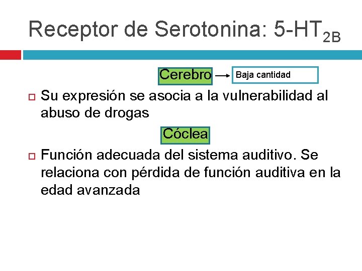 Receptor de Serotonina: 5 -HT 2 B Baja cantidad Cerebro Su expresión se asocia Receptor de Serotonina: 5 -HT 2 B Baja cantidad Cerebro Su expresión se asocia