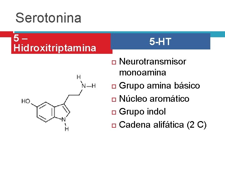 Serotonina 5– Hidroxitriptamina 5 -HT Neurotransmisor monoamina Grupo amina básico Núcleo aromático Grupo indol Serotonina 5– Hidroxitriptamina 5 -HT Neurotransmisor monoamina Grupo amina básico Núcleo aromático Grupo indol