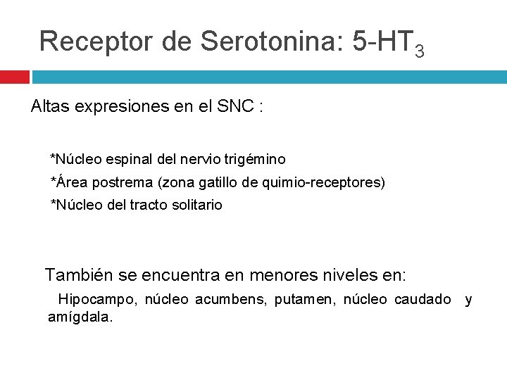 Receptor de Serotonina: 5 -HT 3 Altas expresiones en el SNC : *Núcleo espinal Receptor de Serotonina: 5 -HT 3 Altas expresiones en el SNC : *Núcleo espinal