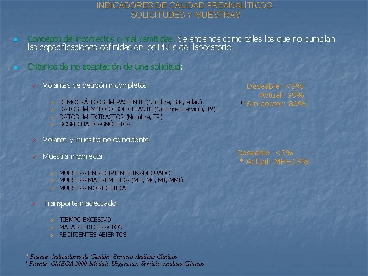 INDICADORES DE CALIDAD PREANALÍTICOS SOLICITUDES Y MUESTRAS n Concepto de incorrectos o mal remitidas: