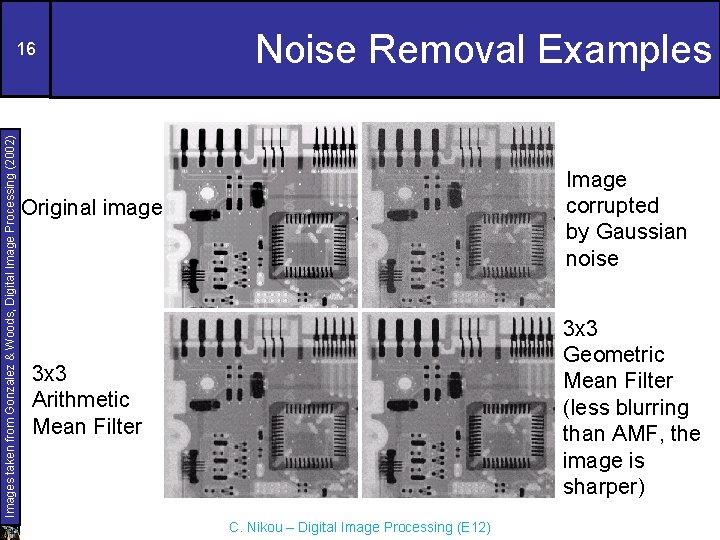 Images taken from Gonzalez & Woods, Digital Image Processing (2002) 16 Noise Removal Examples