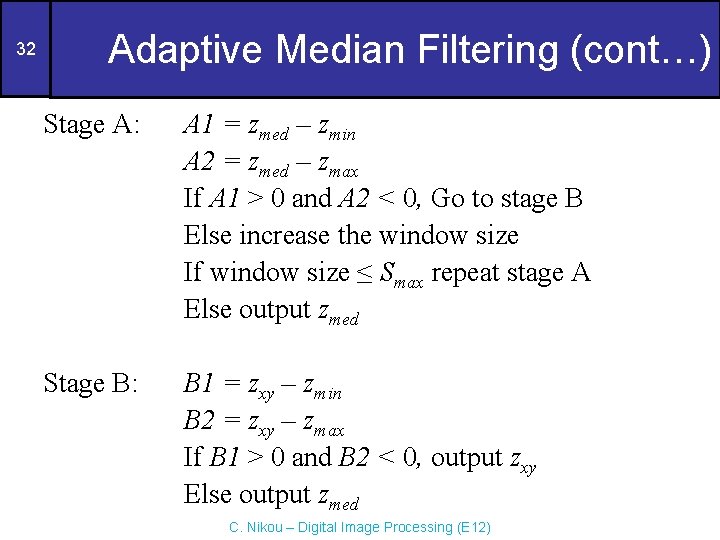 32 Adaptive Median Filtering (cont…) Stage A: A 1 = zmed – zmin A