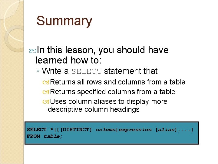 Summary In this lesson, you should have learned how to: ◦ Write a SELECT